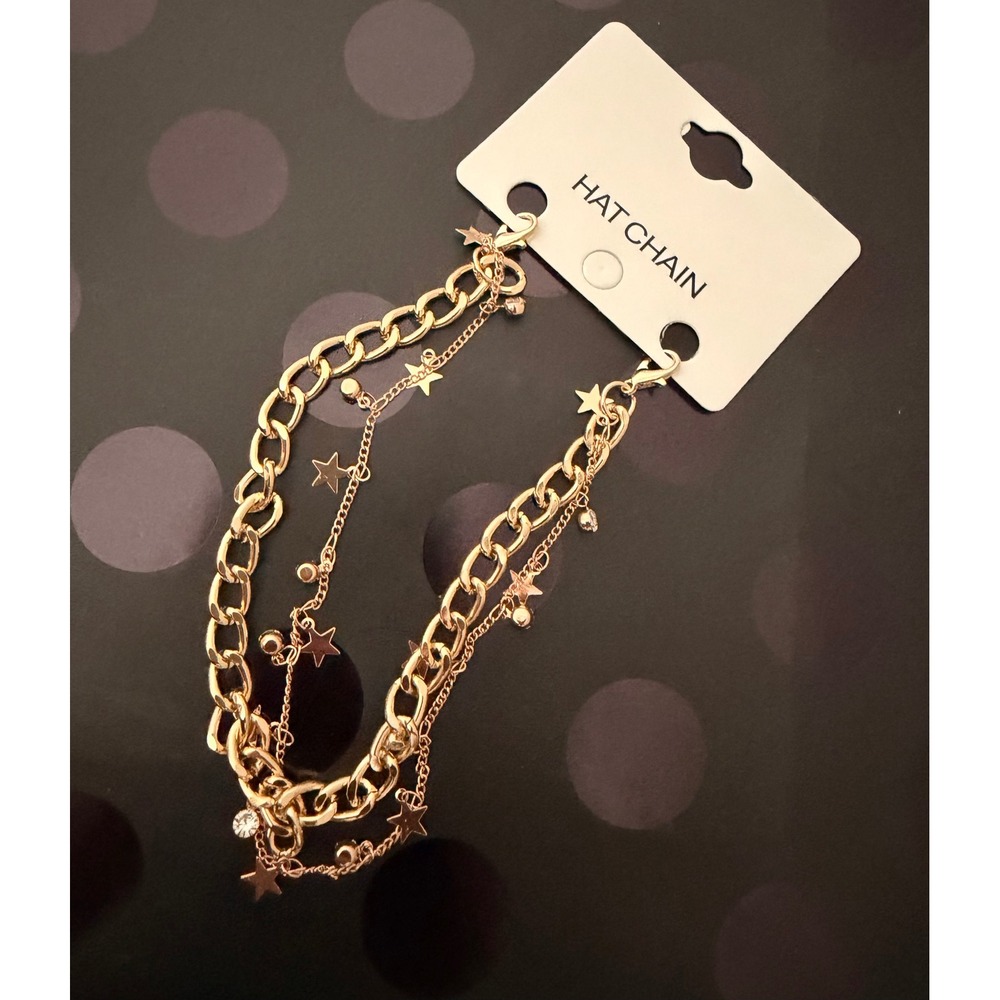 Gold Star Layered Hat Chain Accessory Rhinestone Charm Cap Jewelry Western Style